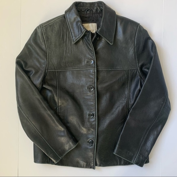 Nine West Vintage Black Collar Button Down Leather Jacket Size Large Lined